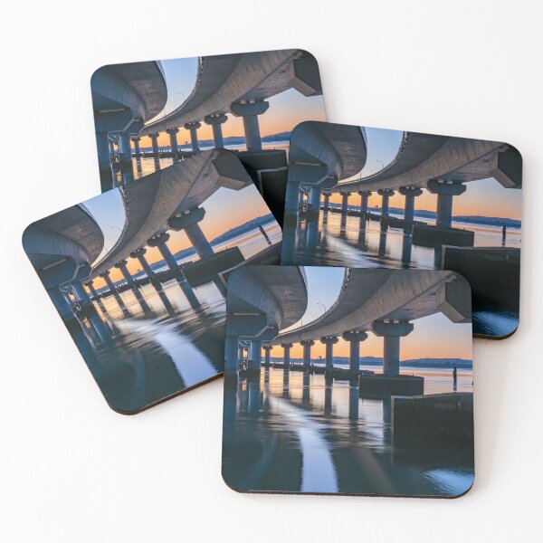 Item preview, Curving lines and calm water under Tauranga Harbour Bridge at sunrise. designed and sold by Brian Scantlebury.