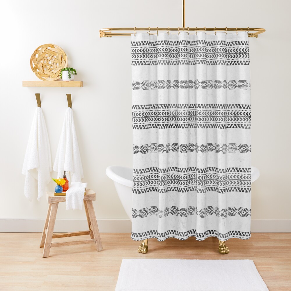 "Black and White Aztec Stripe Print" Shower Curtain for Sale by