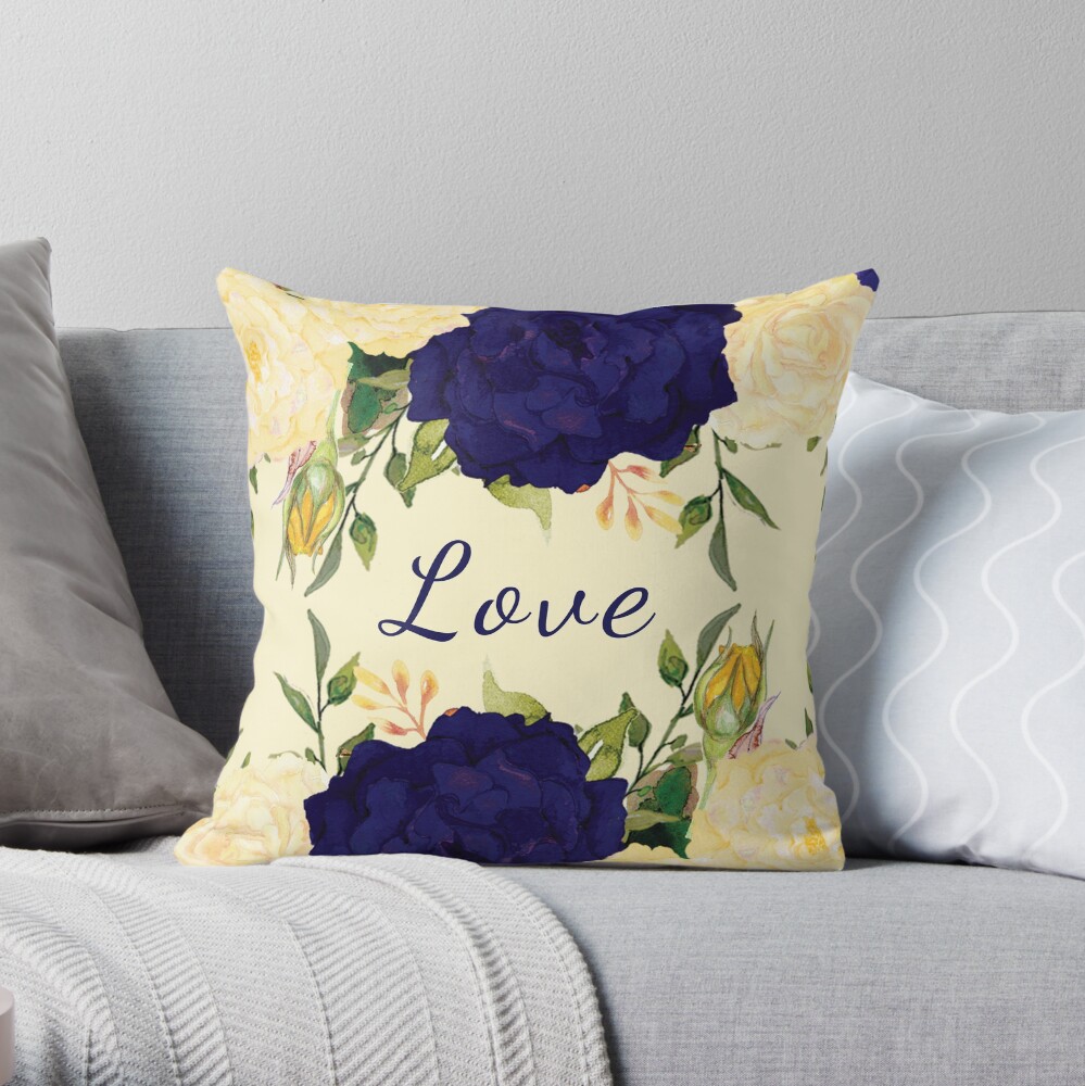 Trendy Love Décor Cream and Blue Floral Pattern Prints Throw Pillow