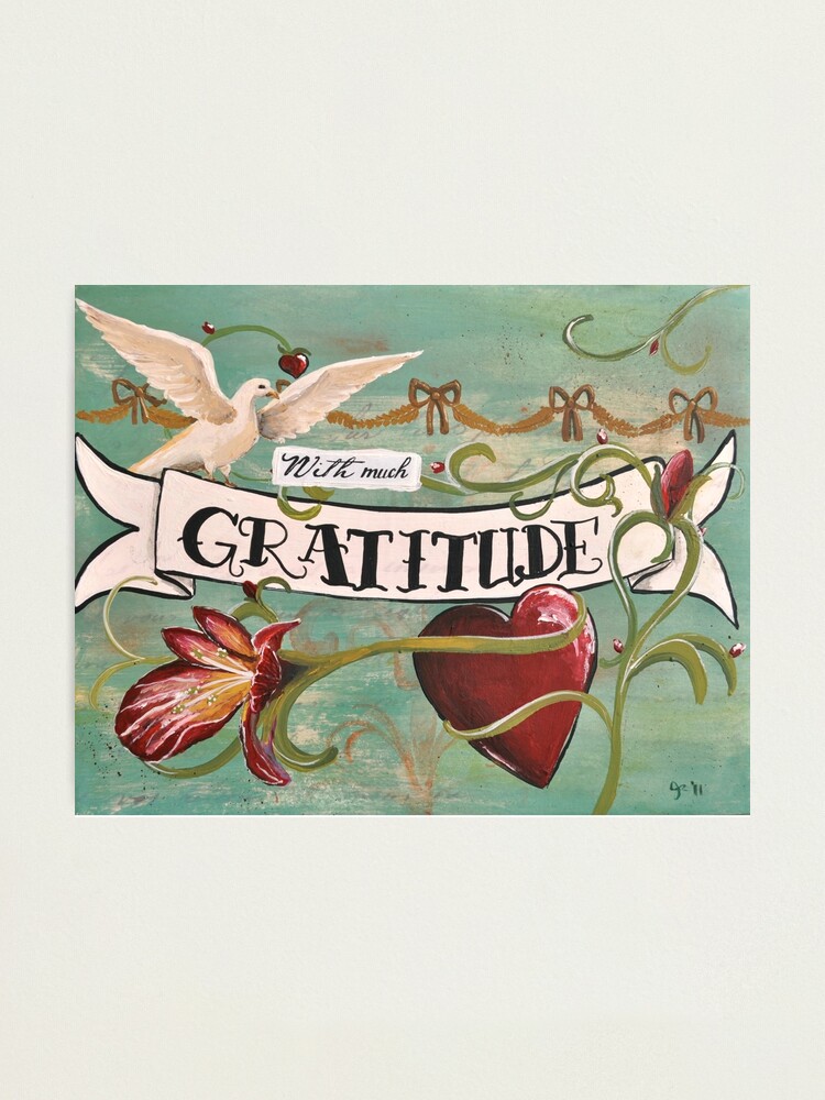 Thumbnail 1 of 3, Photographic Print, With much gratitude- a vintage tattoo inspired art print designed and sold by jenniferrizzo.