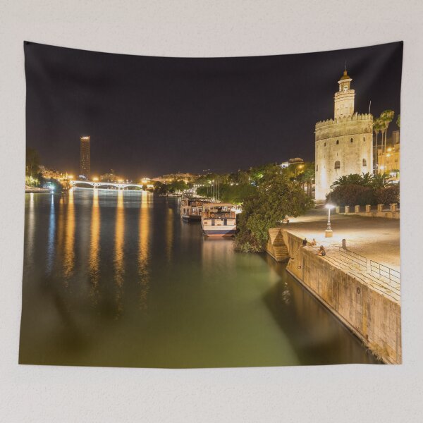 Item preview, Illuminated Sevillian Night - Multicolored Reflections on Guadalquivir River by the Tower of Gold Torre del Oro designed and sold by Georgia Mizuleva.