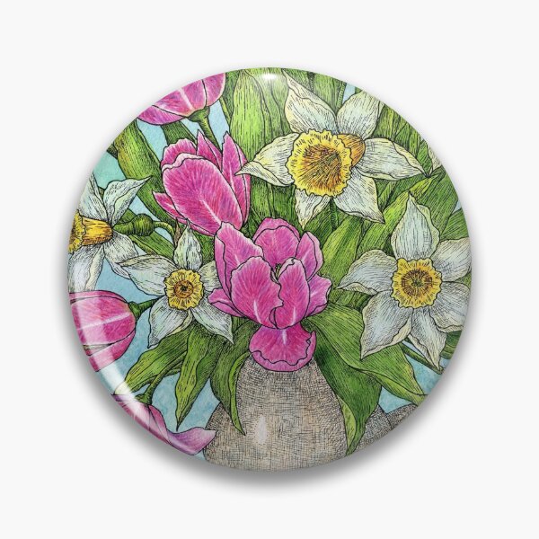 Artikelvorschau, Bouquet of pink tulips and daffodils. Painting with watercolors and ink. entworfen und verkauft von Yovin11.