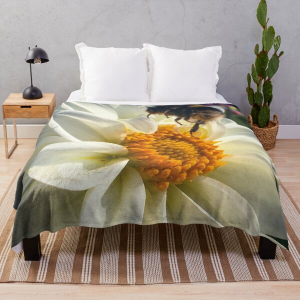 Item preview, Bee landing on a White Dahlia Flowers Yellow Orange Disc Floret 026 designed and sold by Bees-n-Flowers.