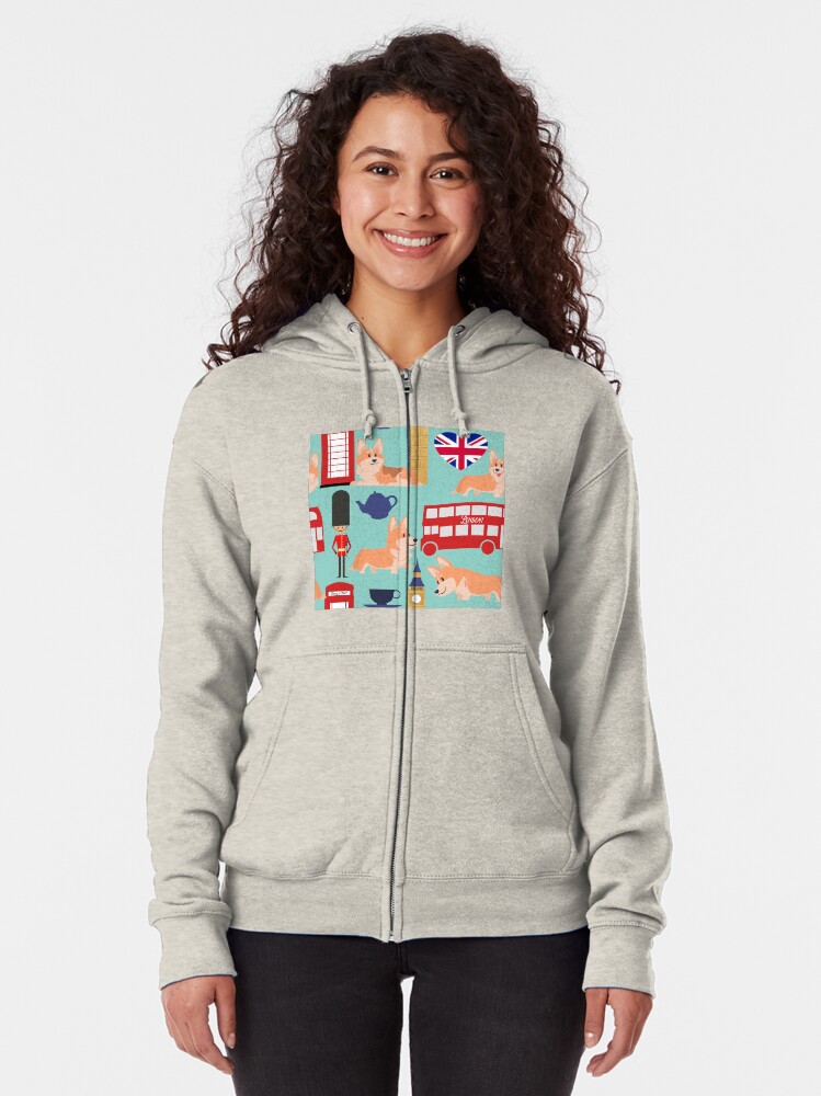Alternate view of Welsh Corgi Dog Breed In London England, Cute Corgis In Great Britain - United Kingdom Turquoise Zipped Hoodie