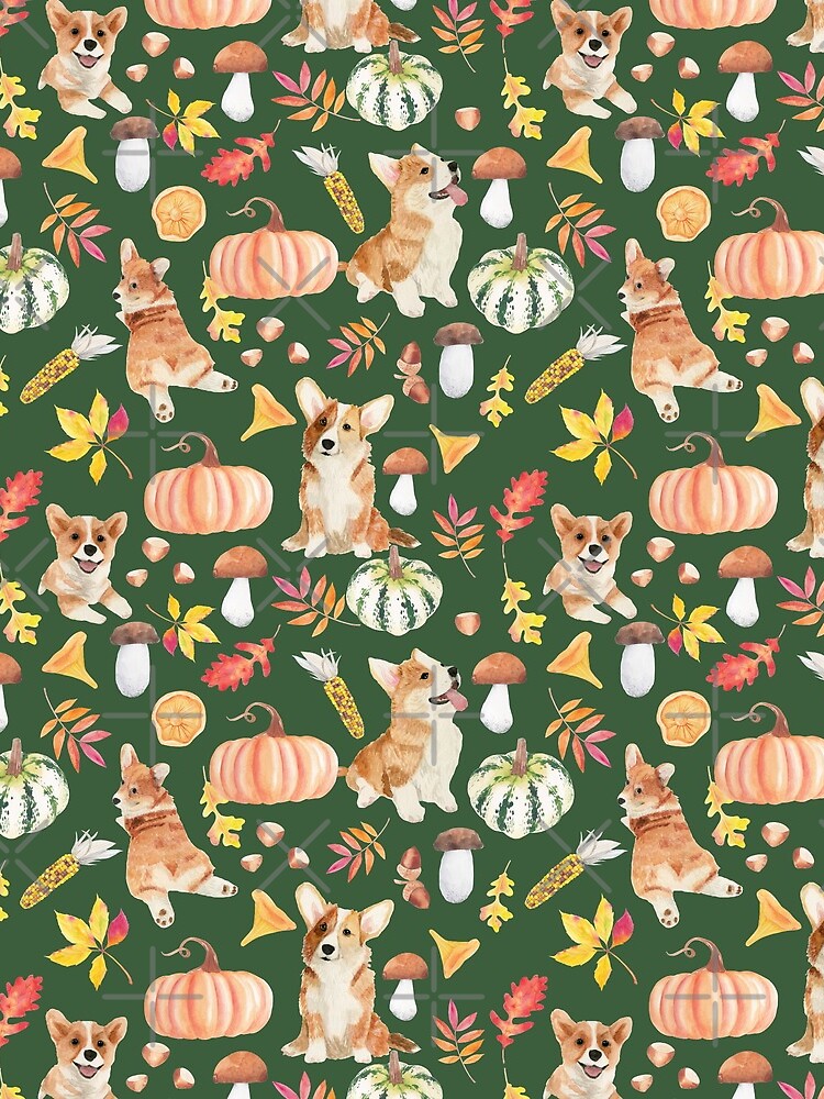 Welsh Corgi Dog Breed Fall Party -Cute Corgis Celebrate Autumn With Pumpkins Mushrooms Leaves - Oliv Green by Corgiworld