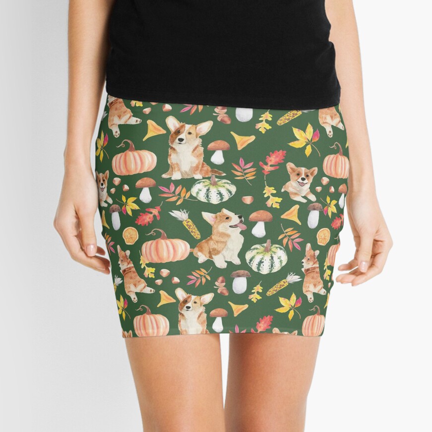 Welsh Corgi Dog Breed Fall Party -Cute Corgis Celebrate Autumn With Pumpkins Mushrooms Leaves - Oliv Green Mini Skirt