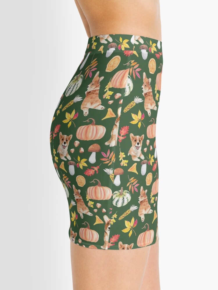 Alternate view of Welsh Corgi Dog Breed Fall Party -Cute Corgis Celebrate Autumn With Pumpkins Mushrooms Leaves - Oliv Green Mini Skirt