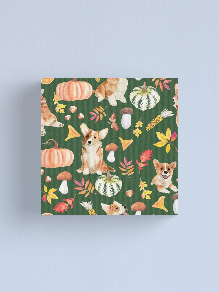Alternate view of Welsh Corgi Dog Breed Fall Party -Cute Corgis Celebrate Autumn With Pumpkins Mushrooms Leaves - Oliv Green Canvas Print