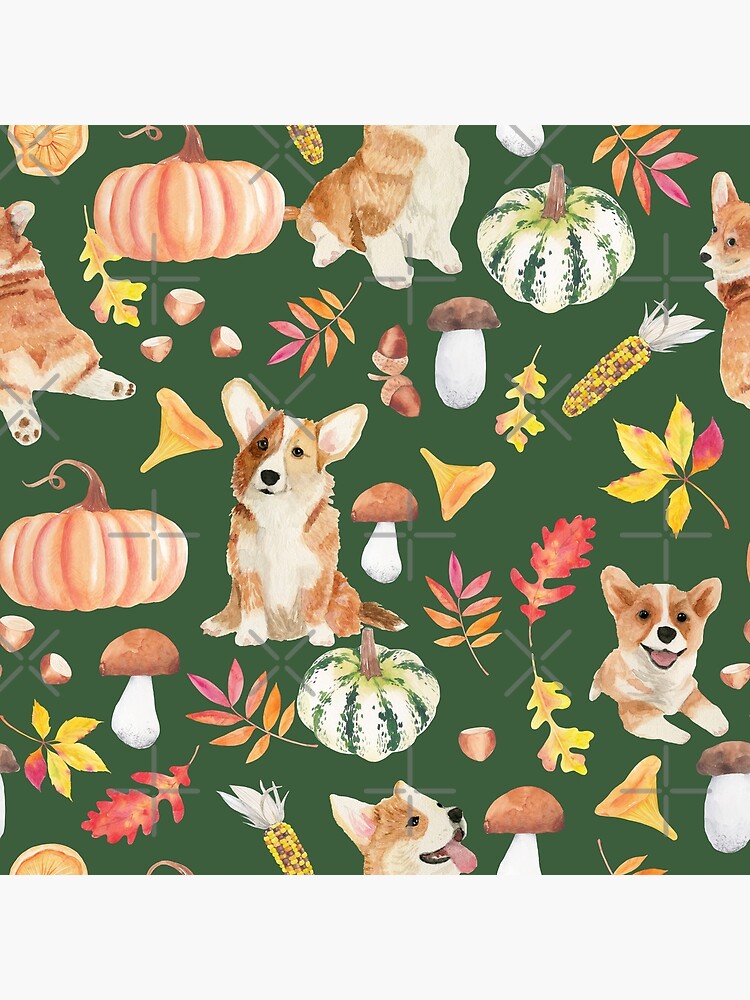 Welsh Corgi Dog Breed Fall Party -Cute Corgis Celebrate Autumn With Pumpkins Mushrooms Leaves - Oliv Green by Corgiworld