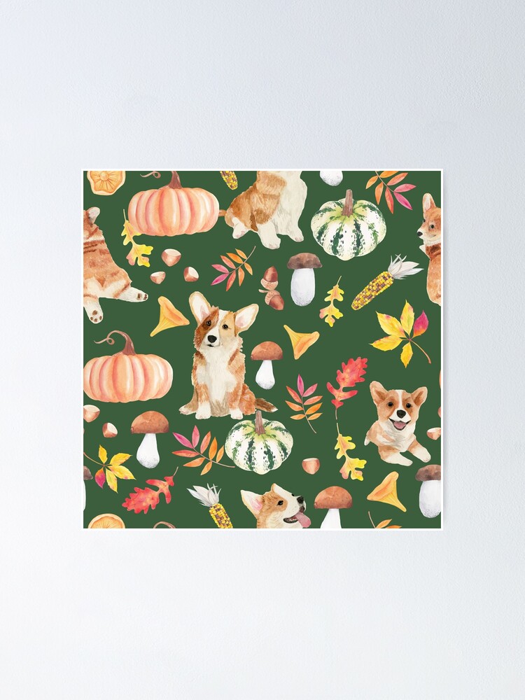 Alternate view of Welsh Corgi Dog Breed Fall Party -Cute Corgis Celebrate Autumn With Pumpkins Mushrooms Leaves - Oliv Green Poster