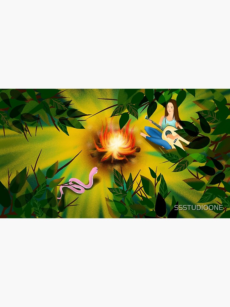 "A young lady playing guitar in the forest at midnight in front of the