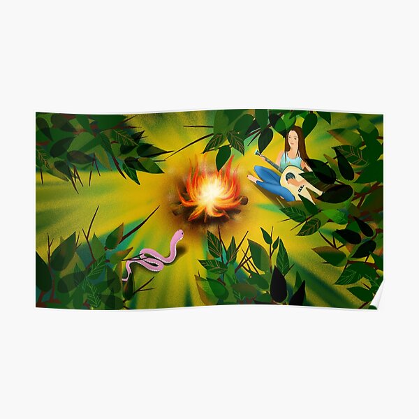 "A young lady playing guitar in the forest at midnight in front of the