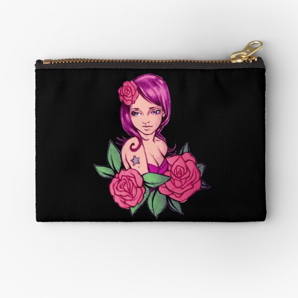 Adorable Pin up Girl Floral Roses Black Zipper Pouch