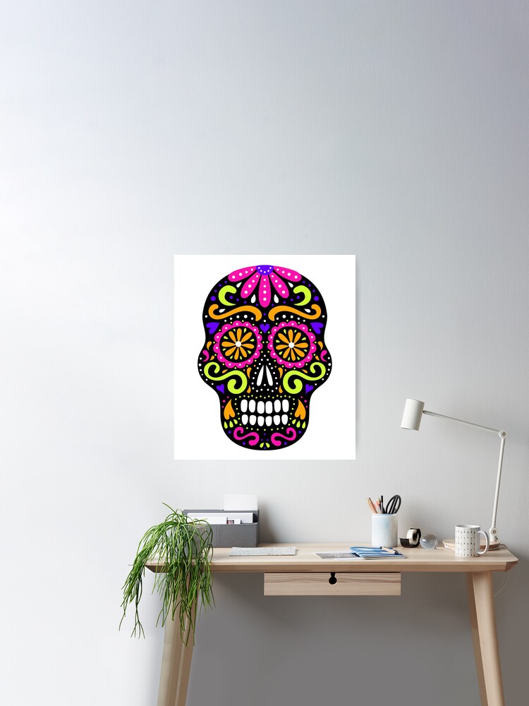 Skull neon spray paint and strokes - Sugar Skull - Posters and Art Prints