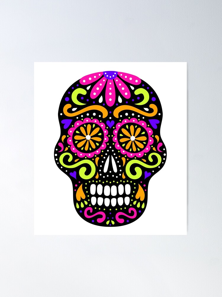 Traditional mexican ornate sugar skull. Day of the Dead celebration symbol.  Neon colored design | Poster