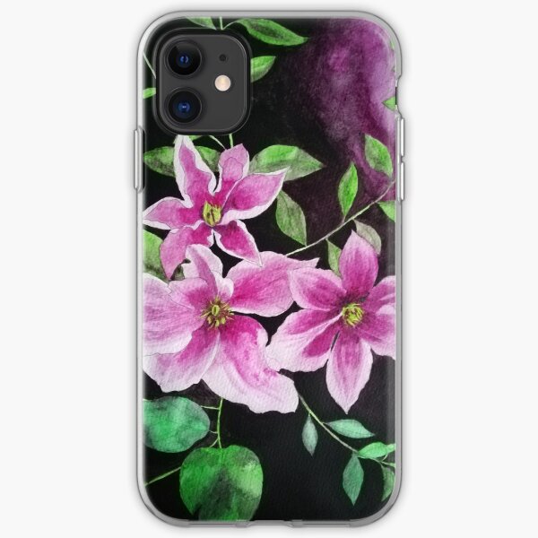 Purple pink clematis flowers watercolor painting against a dark background iPhone Soft Case