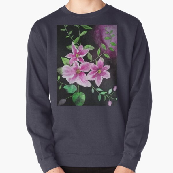 Purple pink clematis flowers watercolor painting against a dark background Pullover Sweatshirt