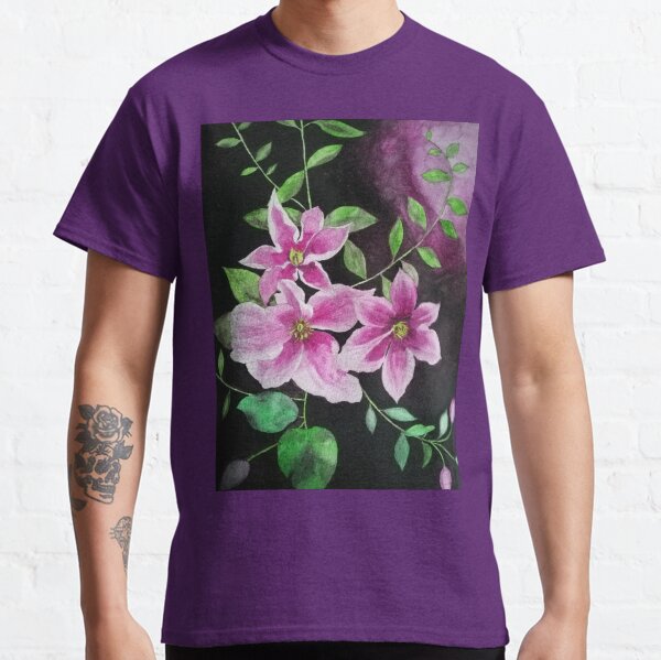 Purple pink clematis flowers watercolor painting against a dark background Classic T-Shirt