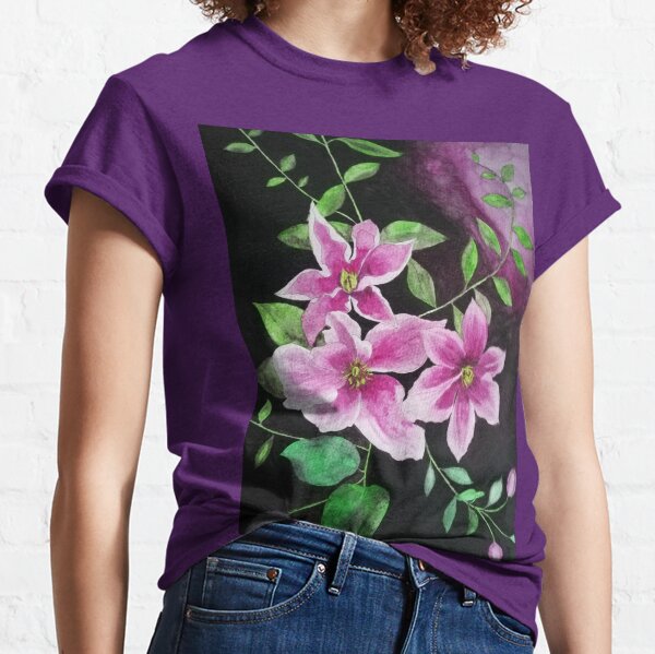 Purple pink clematis flowers watercolor painting against a dark background Classic T-Shirt