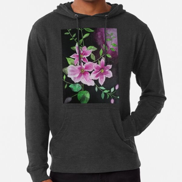 Purple pink clematis flowers watercolor painting against a dark background Lightweight Hoodie