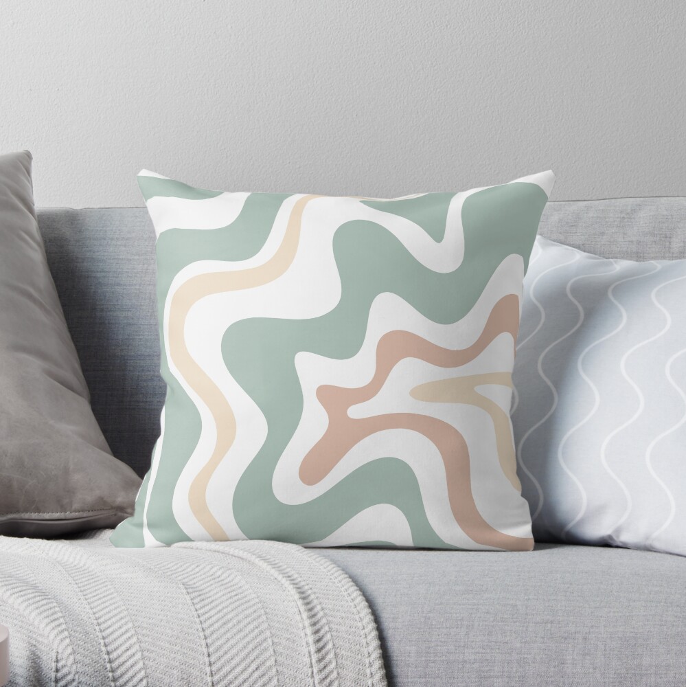 Liquid Swirl Retro Abstract in Light Sage Celadon Green, Light Blush, Cream, and White Throw Pillow