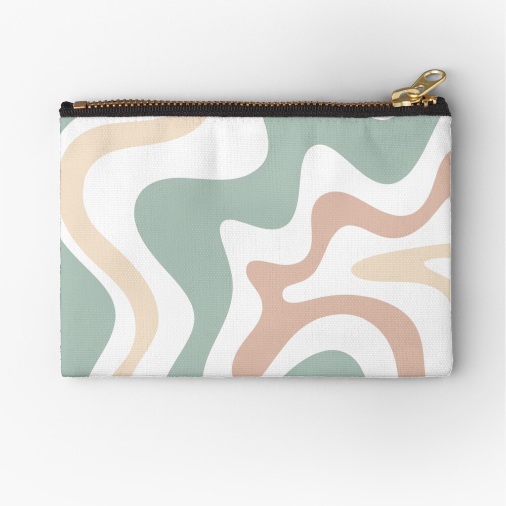 Liquid Swirl Retro Abstract in Light Sage Celadon Green, Light Blush, Cream, and White Zipper Pouch