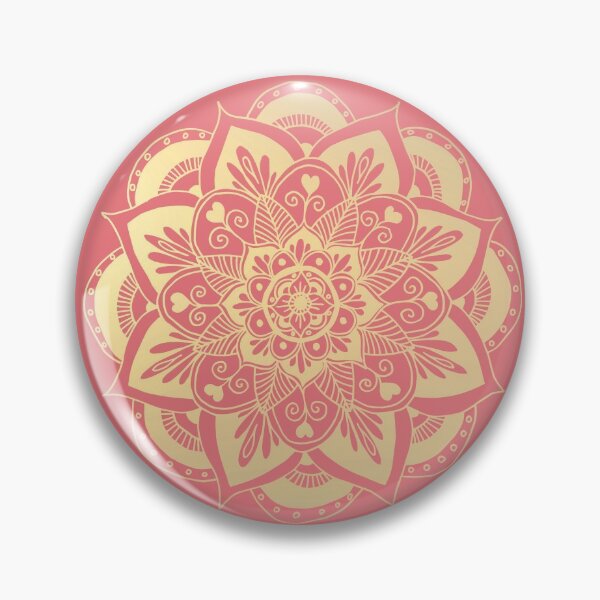Coral Pink and Gold Flower Mandala Pin