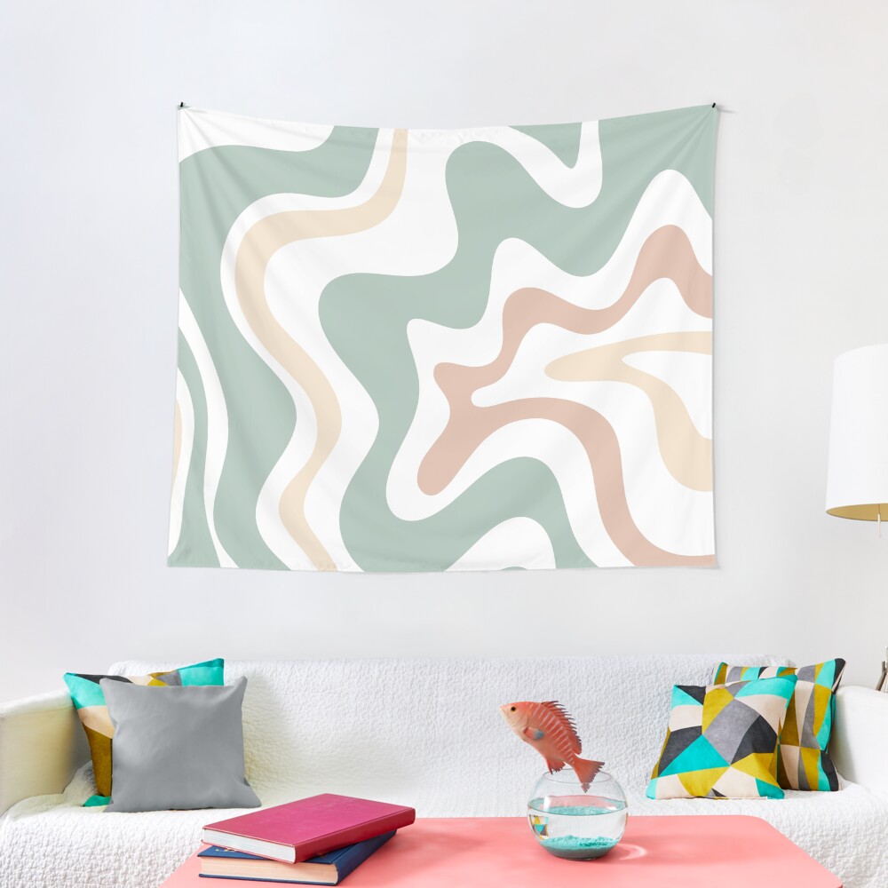 Liquid Swirl Retro Abstract in Light Sage Celadon Green, Light Blush, Cream, and White Tapestry