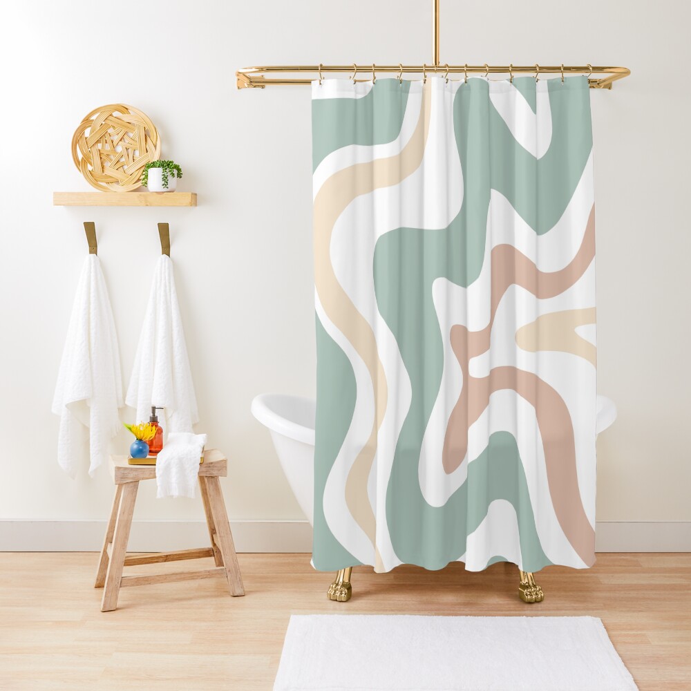 Liquid Swirl Retro Abstract in Light Sage Celadon Green, Light Blush, Cream, and White Shower Curtain
