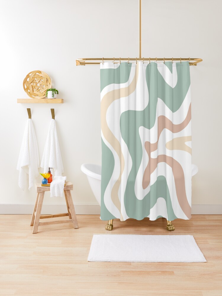 Shower Curtain, Liquid Swirl Retro Abstract in Light Sage Celadon Green, Light Blush, Cream, and White designed and sold by kierkegaard