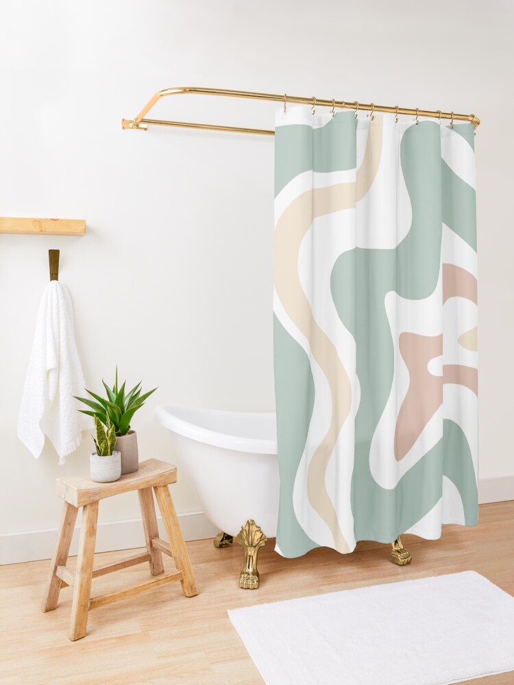 Thumbnail 3 of 5, Shower Curtain, Liquid Swirl Retro Abstract in Light Sage Celadon Green, Light Blush, Cream, and White designed and sold by kierkegaard.