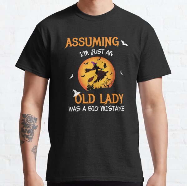 Old Lady Witch Broomstick Black Cat Bats Spider. Classic T-Shirt