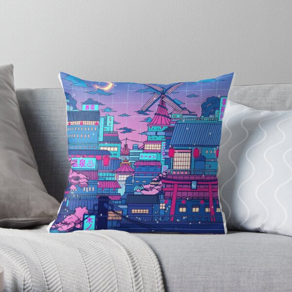 Cyberpunk Village Throw Pillow