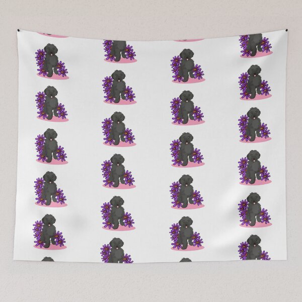 Item preview, Doodle Dog With Purple Flowers Black Golden Doodle Dog on Pad with Sumptuous Purple Flowers designed and sold by Skyfarer.
