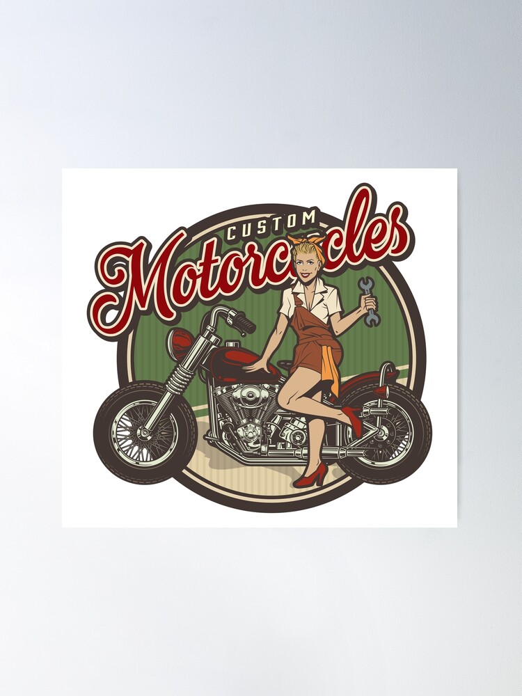 Vintage Custom Motorcycles Pinup Girl | Poster