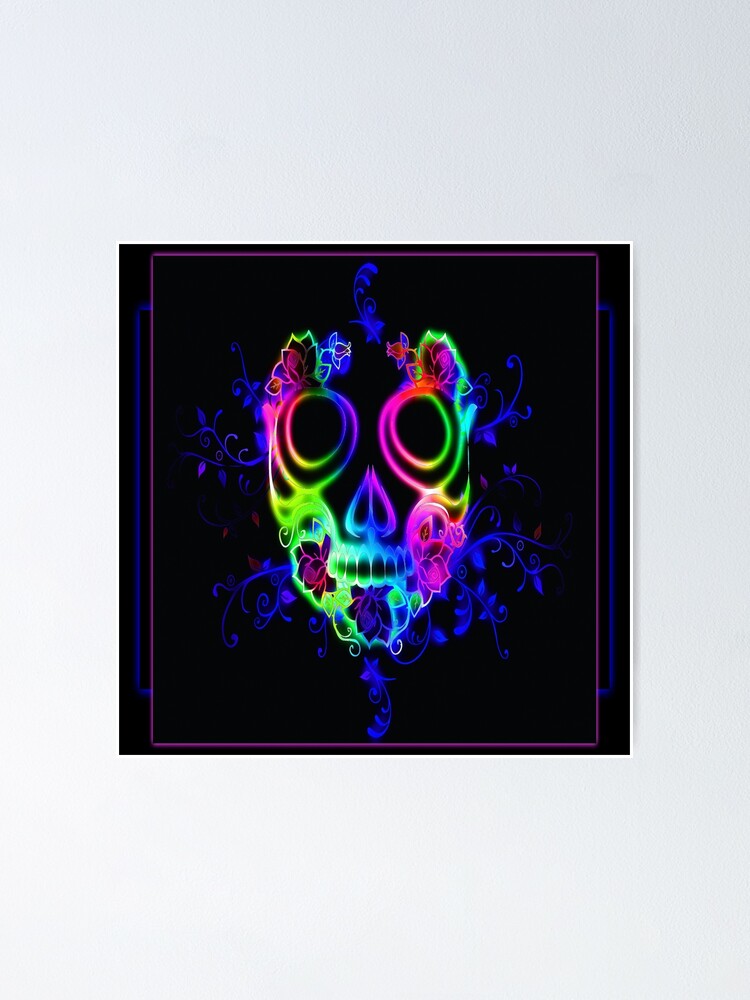 Bright Neon Skull Design Poster By Shaggydawgg Redbubble