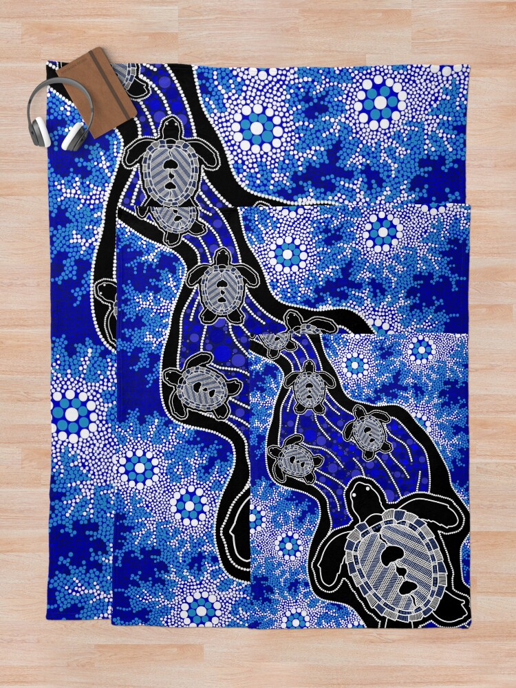 "Authentic Aboriginal Art Baby Sea Turtles" Throw Blanket for Sale by