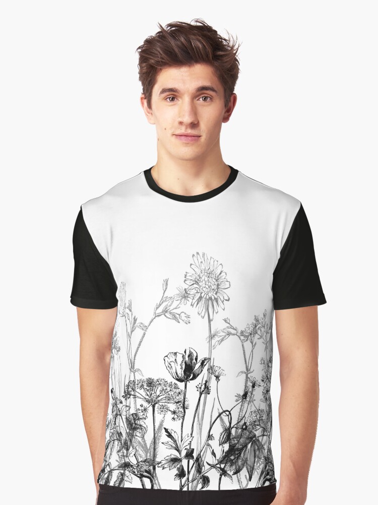 Black White Wild Flowers Botanical Pattern Illustration Vintage T