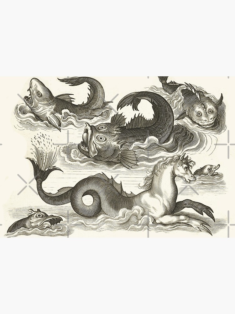MEDIEVAL BESTIARY,Black White Fantastic Aquatic Animals and Sea Horse of Neptune by BulganLumini