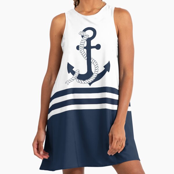 Nautical navy blue and white stripes with a red anchor" A-Line Dress by  IoanaHraball | Redbubble