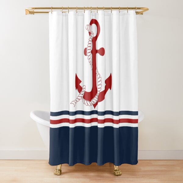 Nautical navy blue and white stripes with a red anchor Shower Curtain