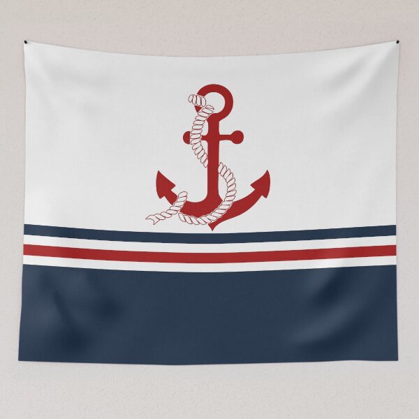 Item preview, Nautical navy blue and white stripes with a red anchor designed and sold by IoanaHraball.