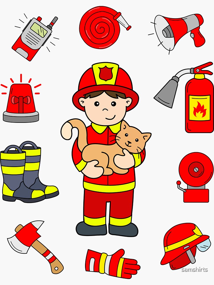 Boy as Fireman with Cat and Firefighter Accessories | Sticker