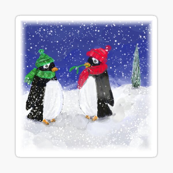 Cute Penguins With Mistletoe Christmas Design Sticker