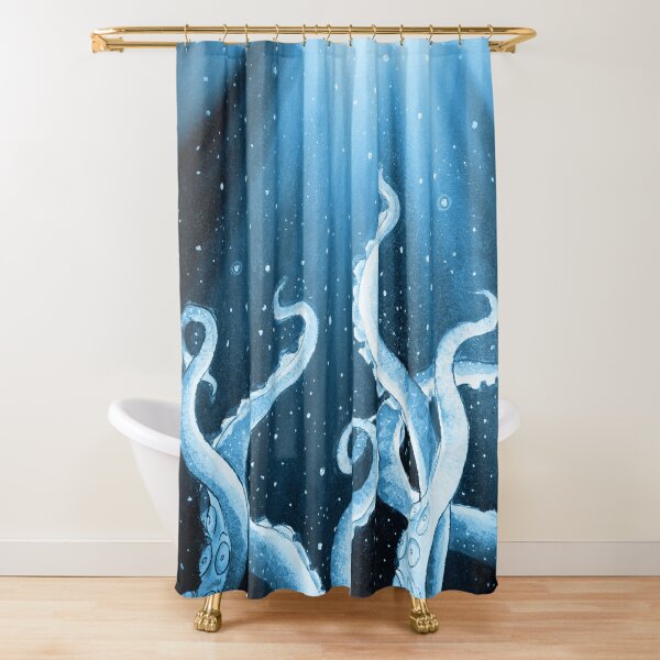 Tentacles Kraken Octopus Watercolor Blue Ink Marine Shower Curtain