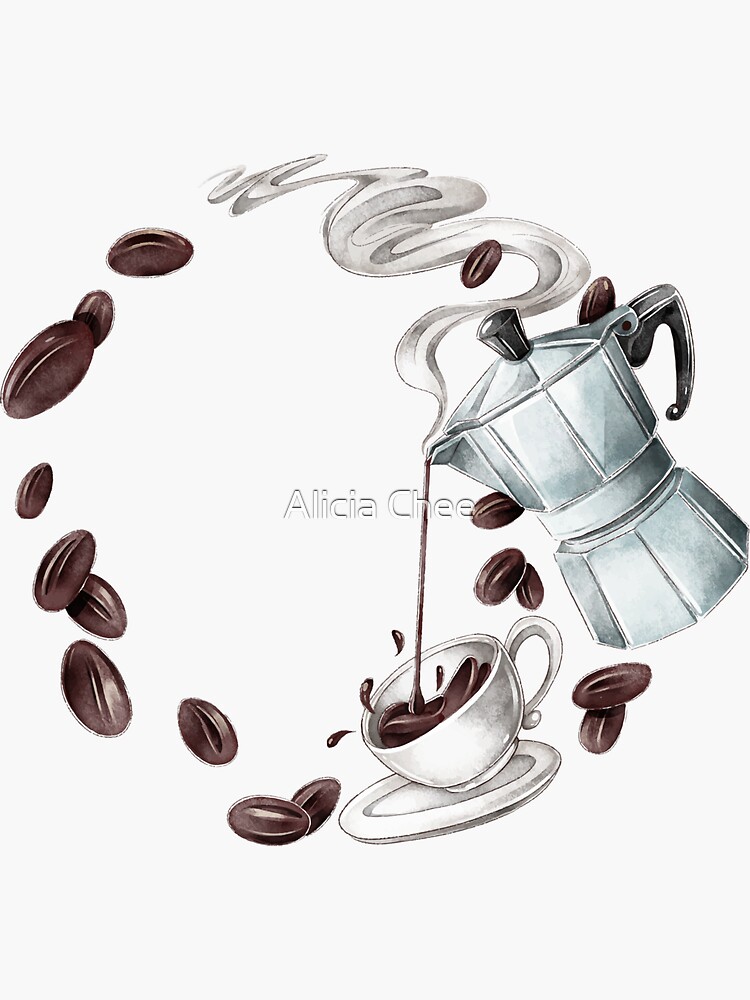 "Moka-Topf, der heißen dampfenden Kaffee in eine Tasse gießt" Sticker