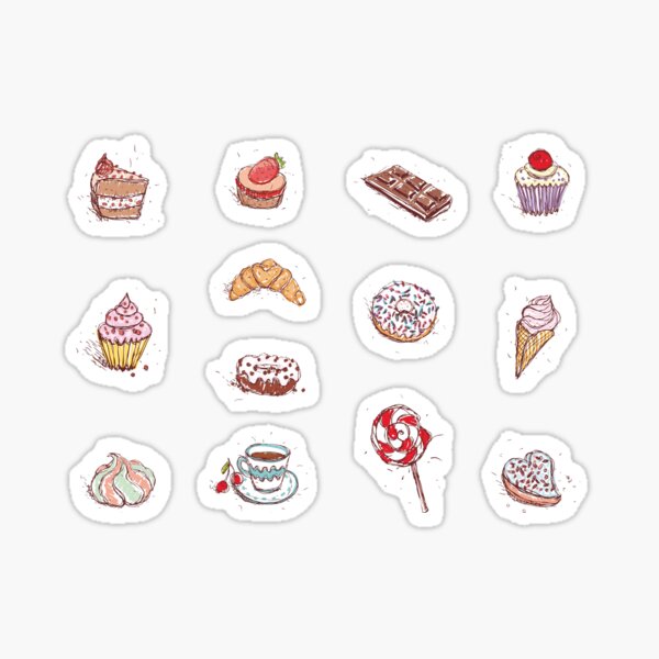 Hand drawn confectionery seamless pattern croissant Cupcake candy marshmallow ice cream cake donut and coffee Sticker