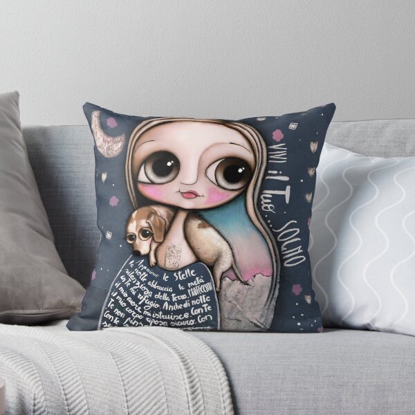 The doll in blue sky and dog around neck Throw Pillow
