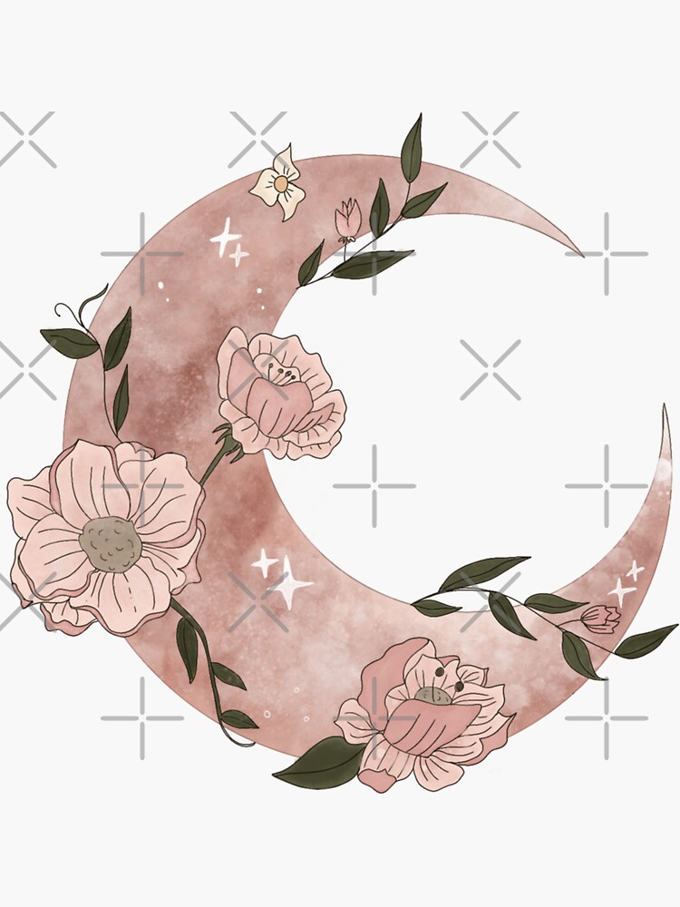 Thumbnail 3 of 3, Sticker, Floral Crescent Moon designed and sold by Dollfacedesign.