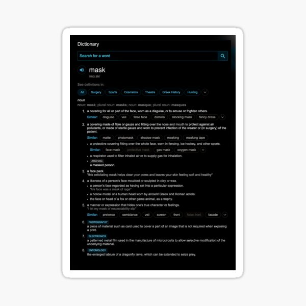 "Mask dictionary definition mask" Sticker for Sale by barvardi Redbubble